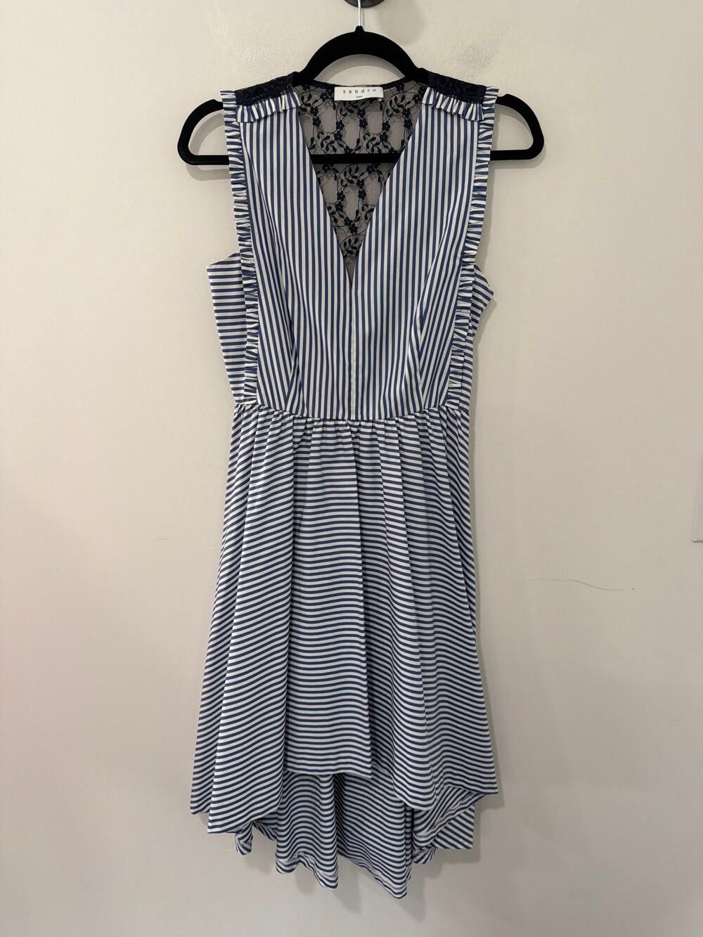 Sandro Blue Striped Dress Lace Panel Size 2